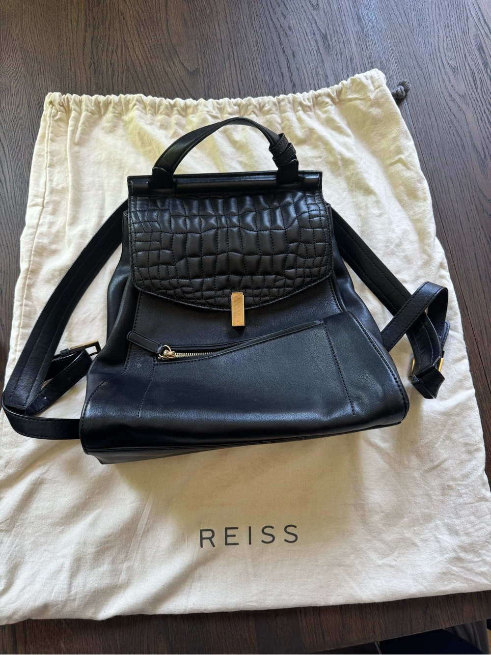 REISS Black Quilted Flap Leather Backpack with Gold Accent